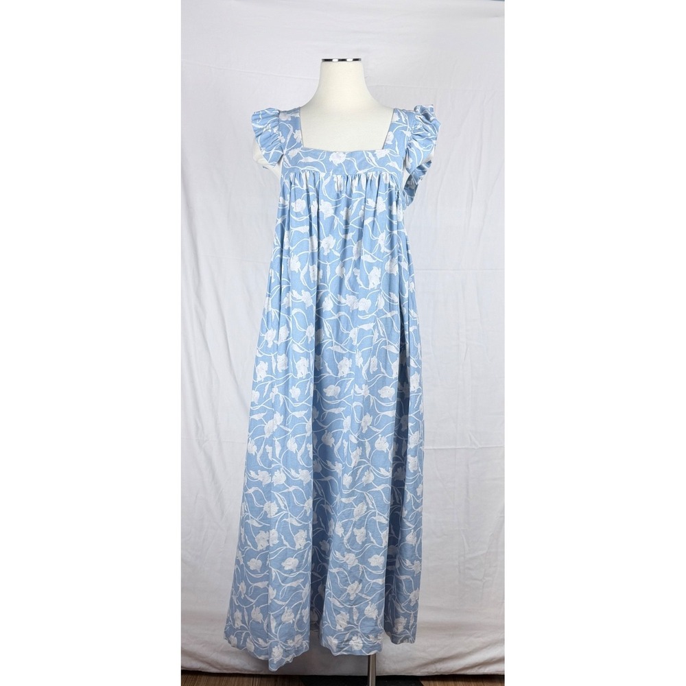 A New Day Floral Shift Maxi Dress L Blue Linen Blend Sleeveless Ruffle Coastal